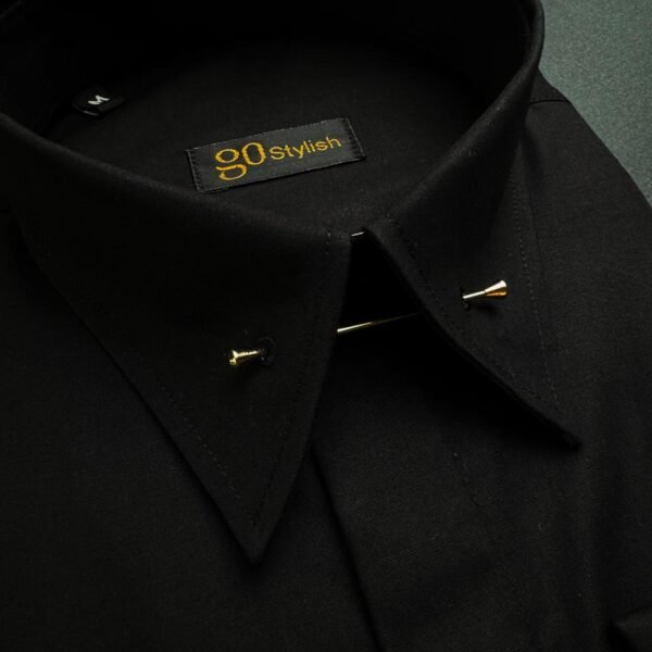 Black Shirt With ''Sultan Collar Pin - Gold''