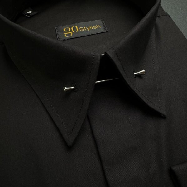 Black Shirt With ''Sultan Collar Pin - Silver''