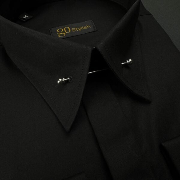 Black Shirt With ''Ball Collar Pin - Silver''