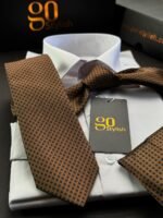 Copper with Blue Dots Tie - 7 cm - With Pocket Square - Image 2