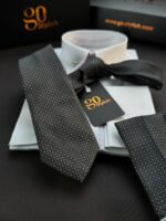 Gray with White Dots Tie - 7 cm - With Pocket Square - Image 4