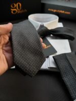 Gray with White Dots Tie - 7 cm - With Pocket Square - Image 2