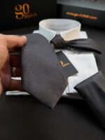 Dark Gray with Orange Dots Tie - 7 cm - With Pocket Square - Image 4