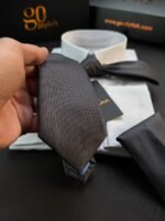 Dark Gray with Orange Dots Tie - 7 cm - With Pocket Square - Image 2