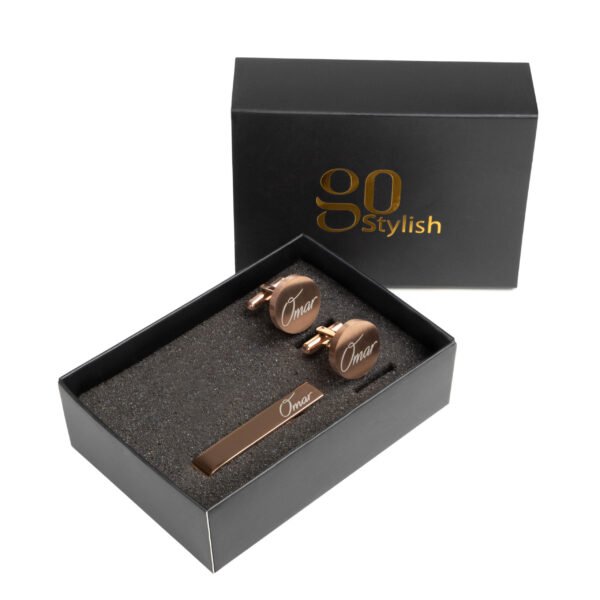 Tie Bar + Cufflinks (Round) - Rose Gold - Laser Engraving