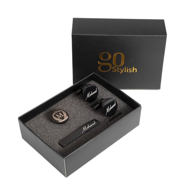 Tie Bar + Cufflinks (Round) + Lapel Pin - Black - Laser Engraving