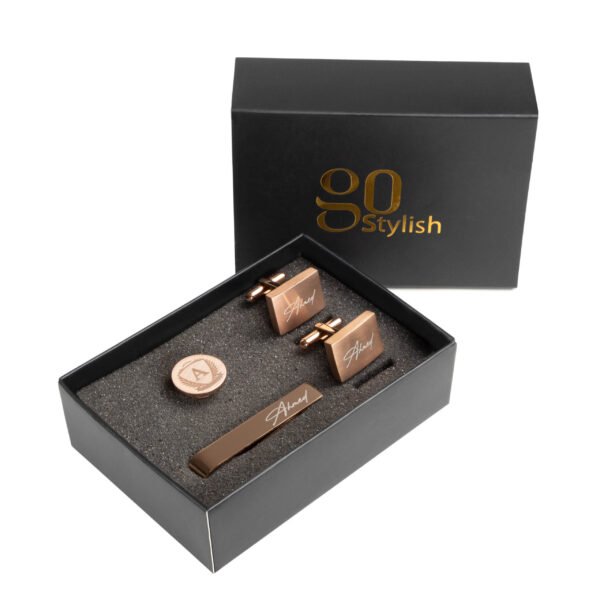 Tie Bar + Cufflinks + Lapel Pin - Rose Gold - Laser Engraving