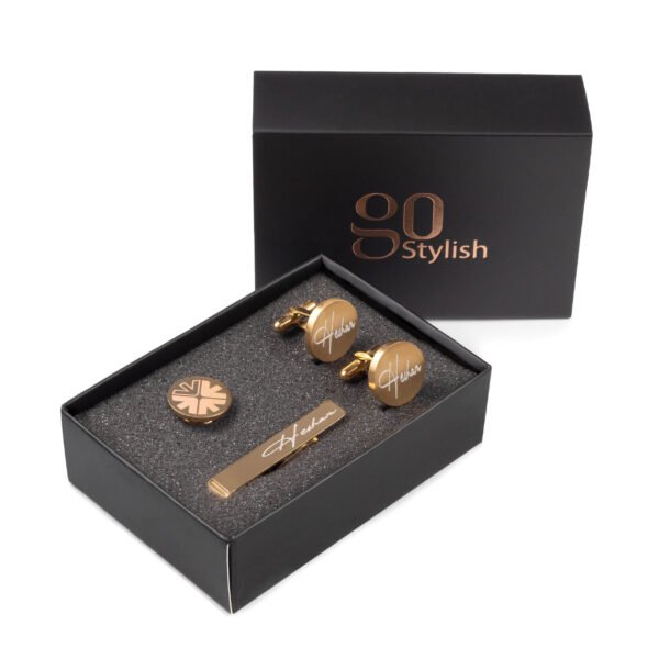 Tie Bar + Cufflinks (Round) + Lapel Pin - Gold - Laser Engraving