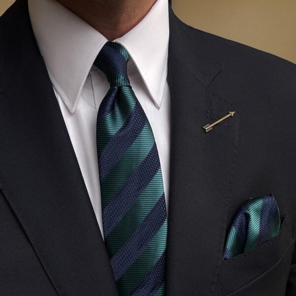Green Striped Tie - 7 cm - With Pocket Square