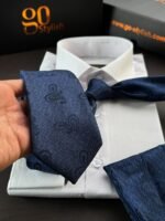 Navy Blue Shapes Tie - 7 cm - With Pocket Square - Image 3
