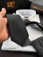 Black with White Dots Tie - 7 cm - With Pocket Square - Image 3