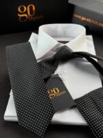 Black with White Dots Tie - 7 cm - With Pocket Square - Image 2