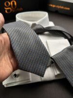 Blue with Yellow Lines Tie - 8 cm - With Pocket Square - Image 2