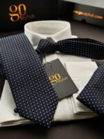 Dark Blue with White Dots Tie - 8 cm - With Pocket Square - Image 3