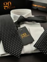 Black with White Dots Tie - 8 cm - With Pocket Square - Image 3