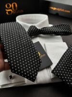Black with White Dots Tie - 8 cm - With Pocket Square - Image 2