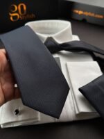 Navy Blue & Gray Tie - 8 cm - With Pocket Square - Image 2