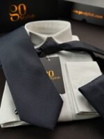 Navy Blue & Gray Tie - 8 cm - With Pocket Square - Image 3