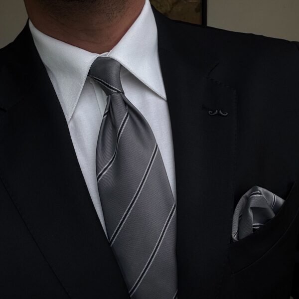 Gray with Black Striped Tie - 8 cm - With Pocket Square