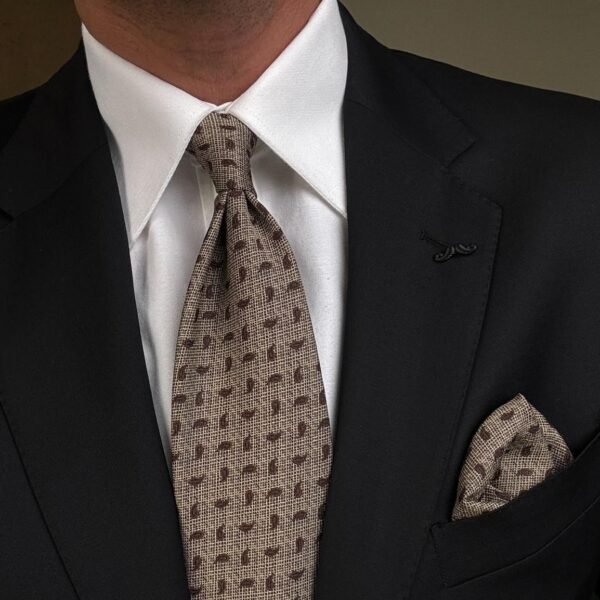 Beige with Brown Drops Tie - 8 cm - With Pocket Square