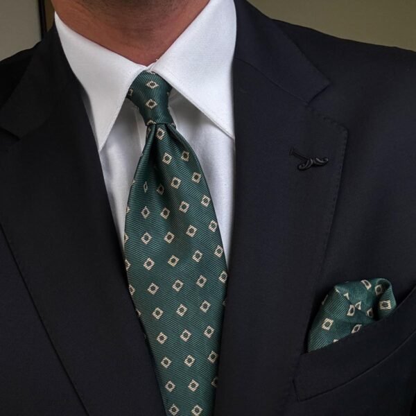 Green with Beige Shapes Tie - 8 cm - With Pocket Square