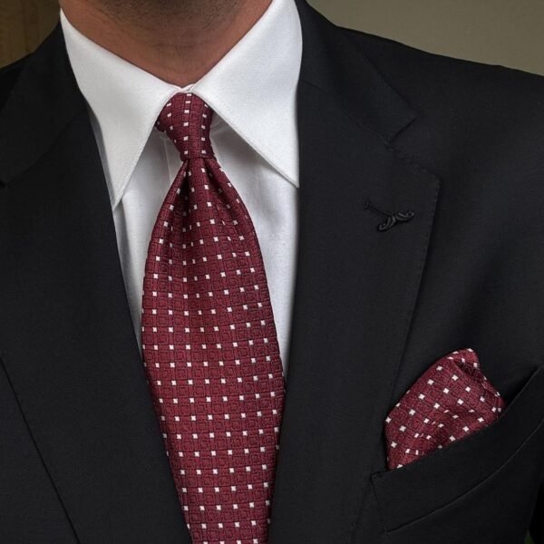 Burgundy with White Squares Tie - 8 cm - With Pocket Square