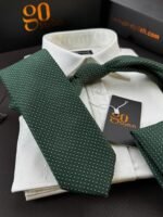 Dark Green Dotted Tie - 8 cm - With Pocket Square - Image 3