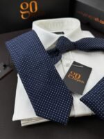 Navy Blue Dotted Tie - 8 cm - With Pocket Square - Image 3