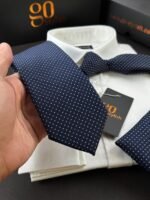 Navy Blue Dotted Tie - 8 cm - With Pocket Square - Image 2