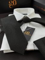 Black with Beige Dots Tie - 8 cm - With Pocket Square - Image 3