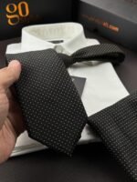 Black with Beige Dots Tie - 8 cm - With Pocket Square - Image 2