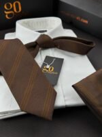 Brown Striped Tie - 8 cm - With Pocket Square - Image 2
