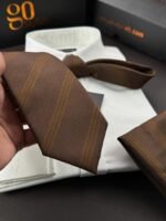 Brown Striped Tie - 8 cm - With Pocket Square - Image 3