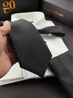 Black Dotted Tie - 8 cm - With Pocket Square - Image 2