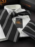 Black Striped Tie - 8 cm - With Pocket Square - Image 3