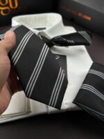 Black Striped Tie - 8 cm - With Pocket Square - Image 2