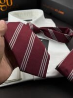 Burgundy Striped Tie - 8 cm - With Pocket Square - Image 2