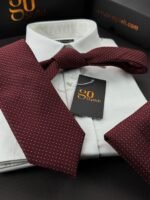 Burgundy with Beige Dots Tie - 8 cm - With Pocket Square - Image 3