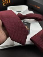 Burgundy with Beige Dots Tie - 8 cm - With Pocket Square - Image 2