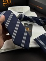 Navy Blue Striped Tie - 8 cm - With Pocket Square - Image 2