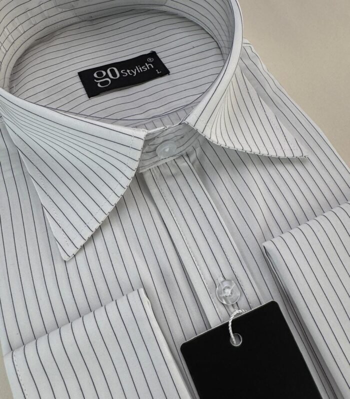 White & Black Striped Business Shirt With MDC ''French Cuffs''