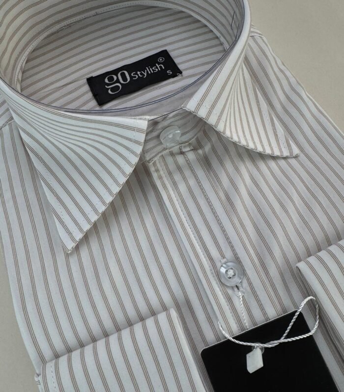 White & Beige Striped Business Shirt With MDC ''French Cuffs''