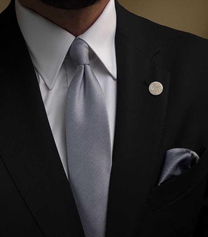 Silver Microcheck Tie - 7 cm - With Pocket Square