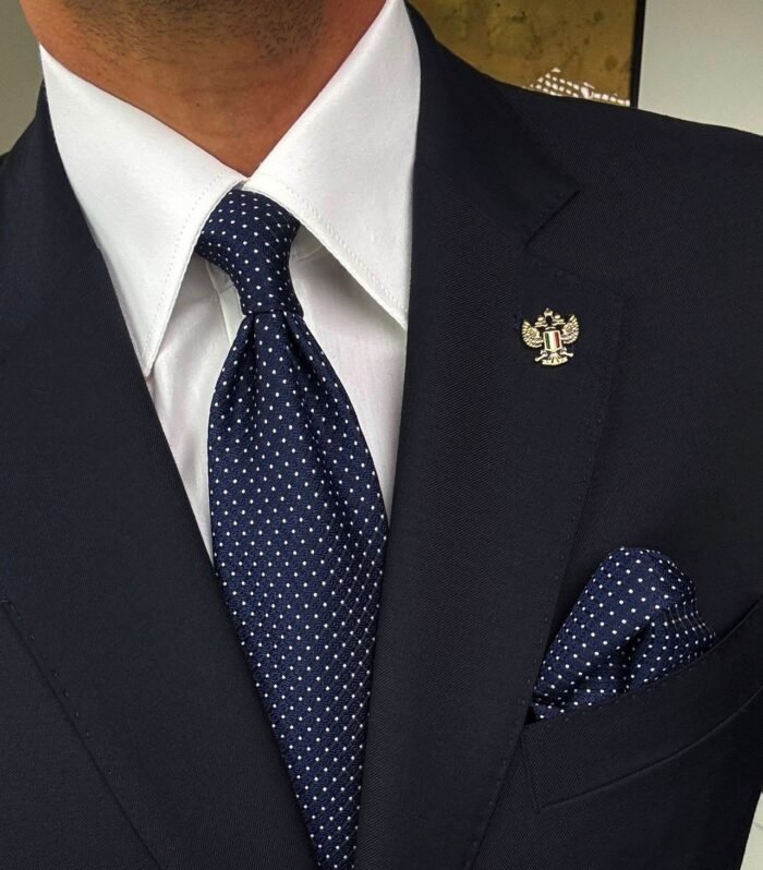Navy Blue Dotted Tie - 8 cm - With Pocket Square