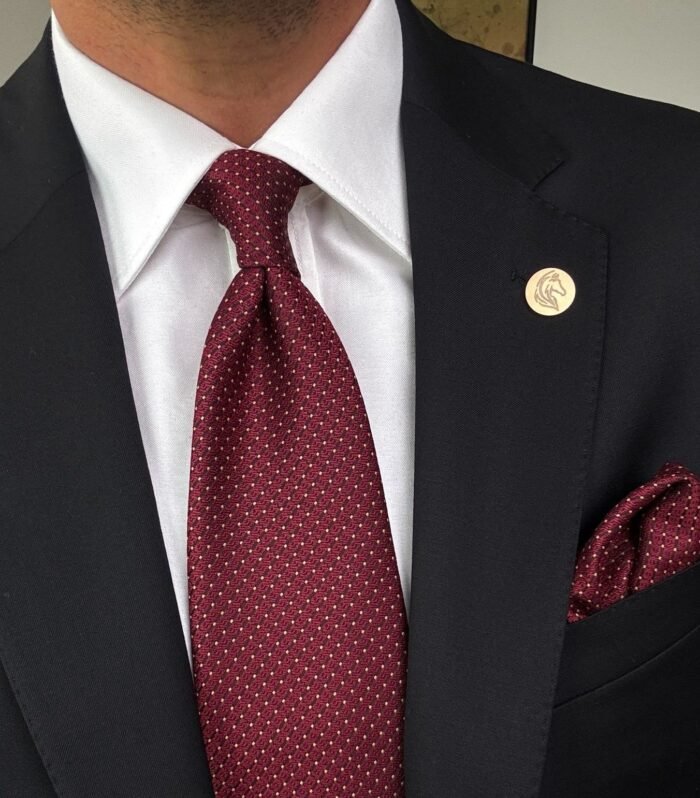Burgundy with Beige Dots Tie - 8 cm - With Pocket Square
