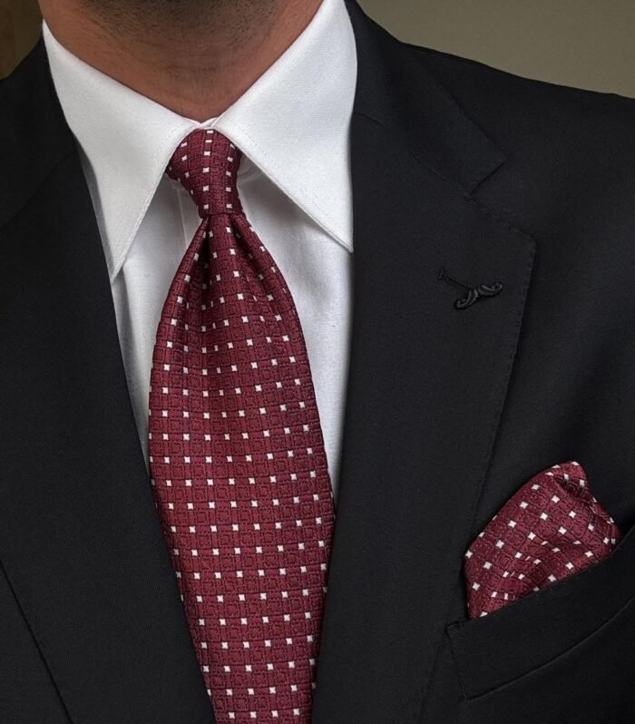 Burgundy with White Squares Tie - 8 cm - With Pocket Square