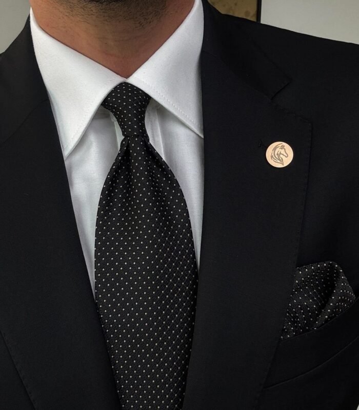 Black with Beige Dots Tie - 8 cm - With Pocket Square