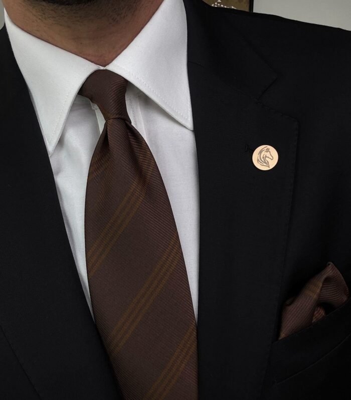 Brown Striped Tie - 8 cm - With Pocket Square