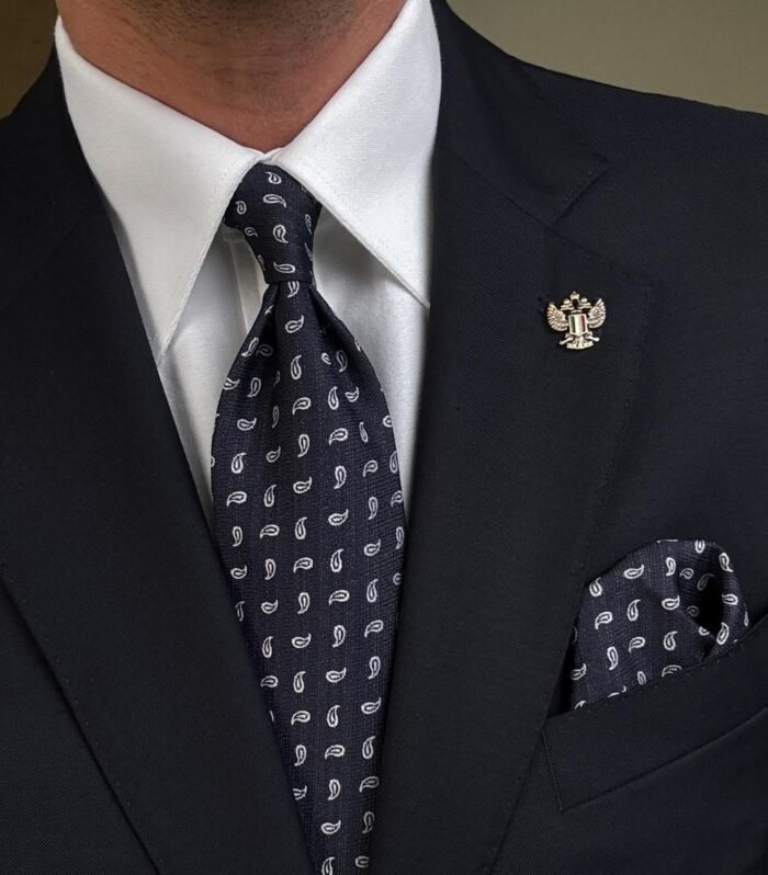 Navy Blue with White Drops Tie - 8 cm - With Pocket Square