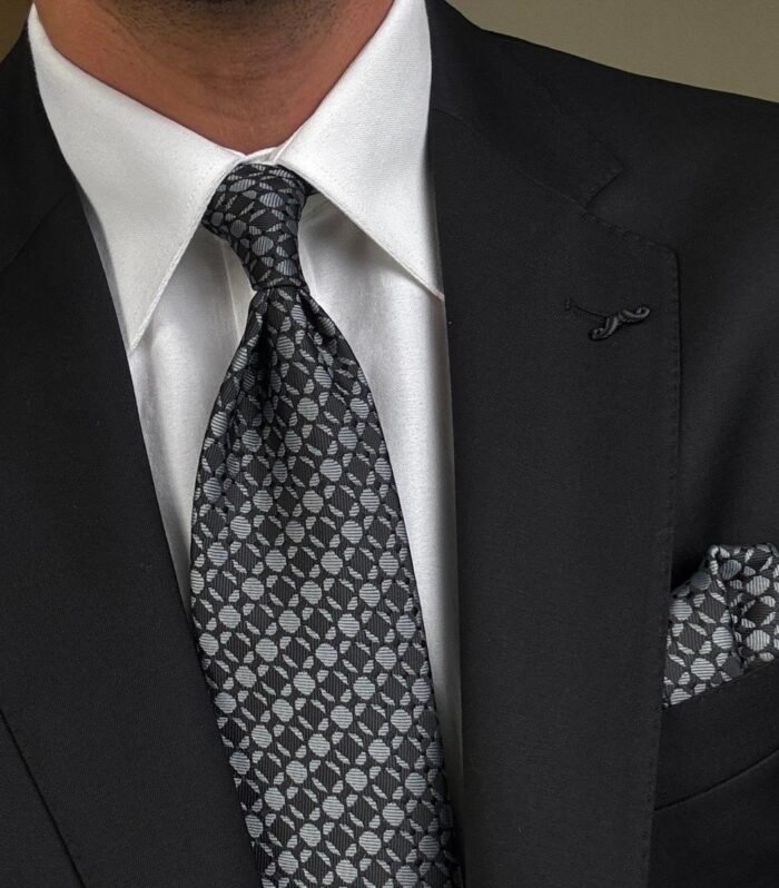 Black & Gray Shapes Tie - 8 cm - With Pocket Square